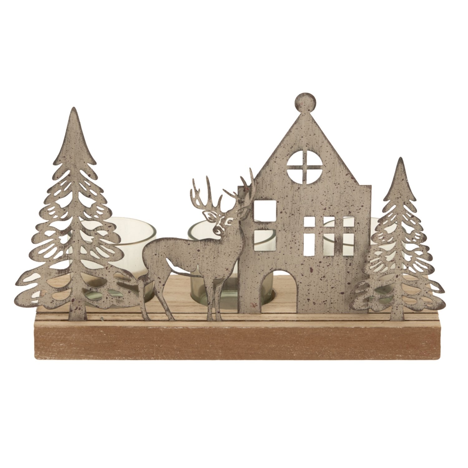 Rustic Metal Woodland Scene Tealight Holder with Wooden Base - Brown