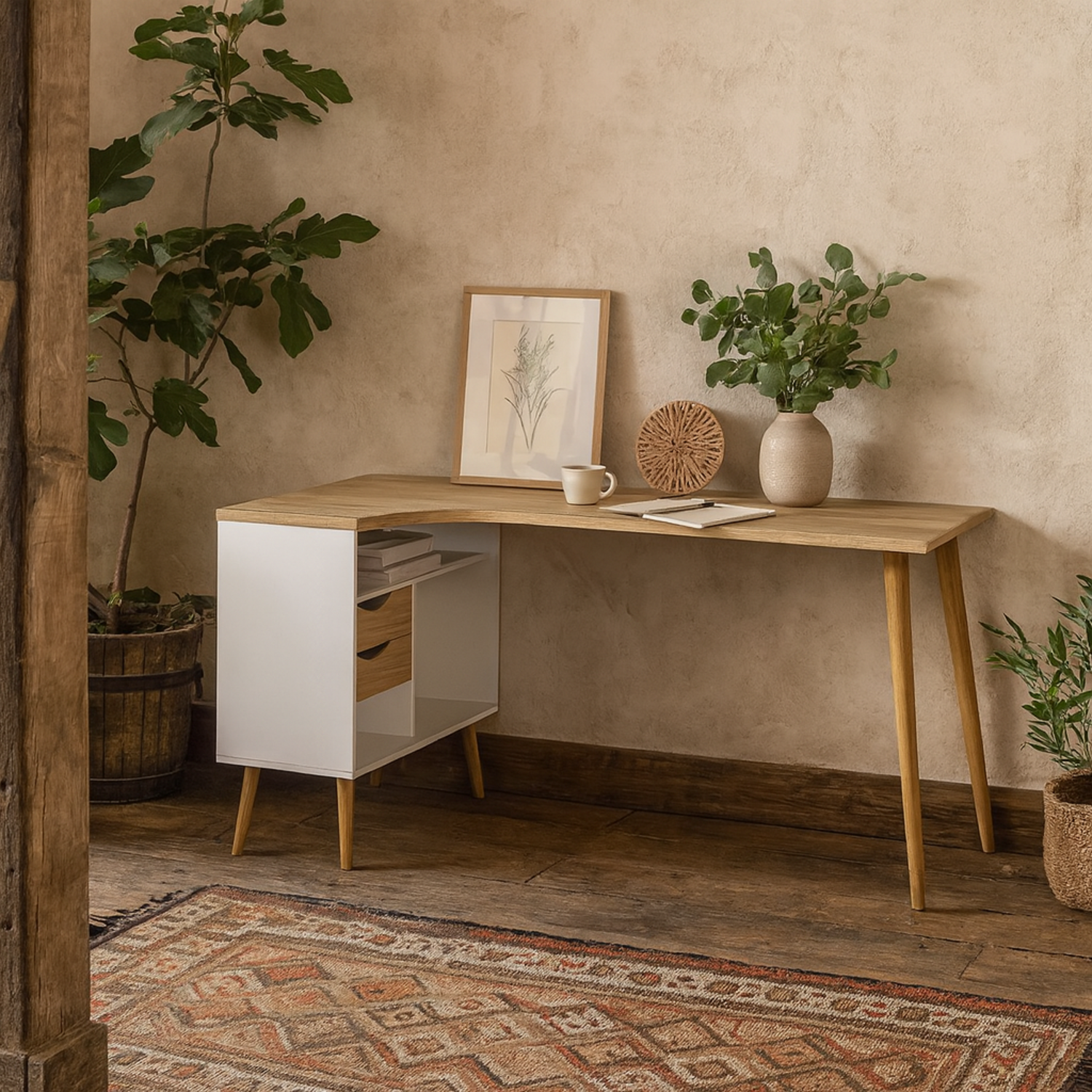 Wyld Haus Sapporo Desk White and Natural Oak, 2 Drawers - White and Natural Oak