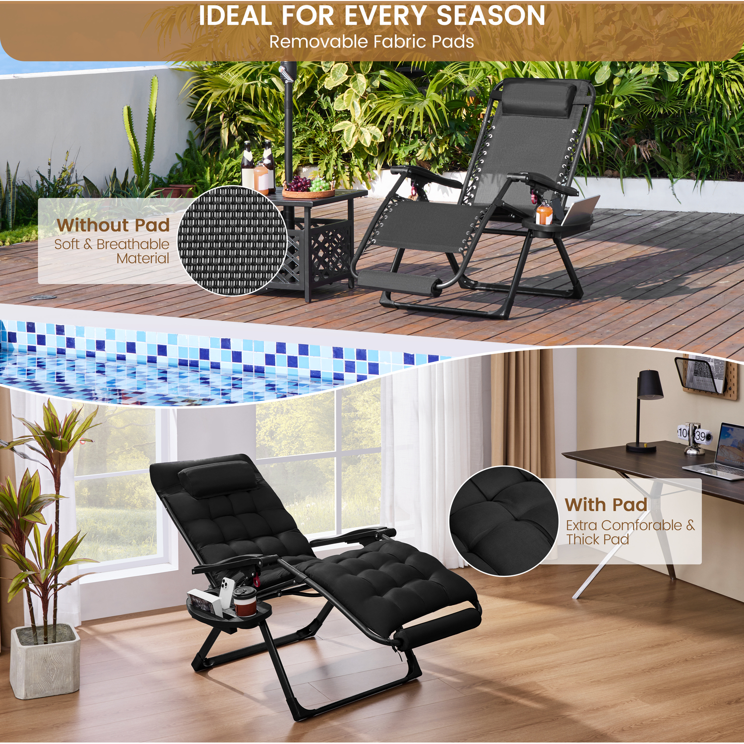 Yaheetech Soft Padded Foldable Lounge Chair - Black 70cm - Black