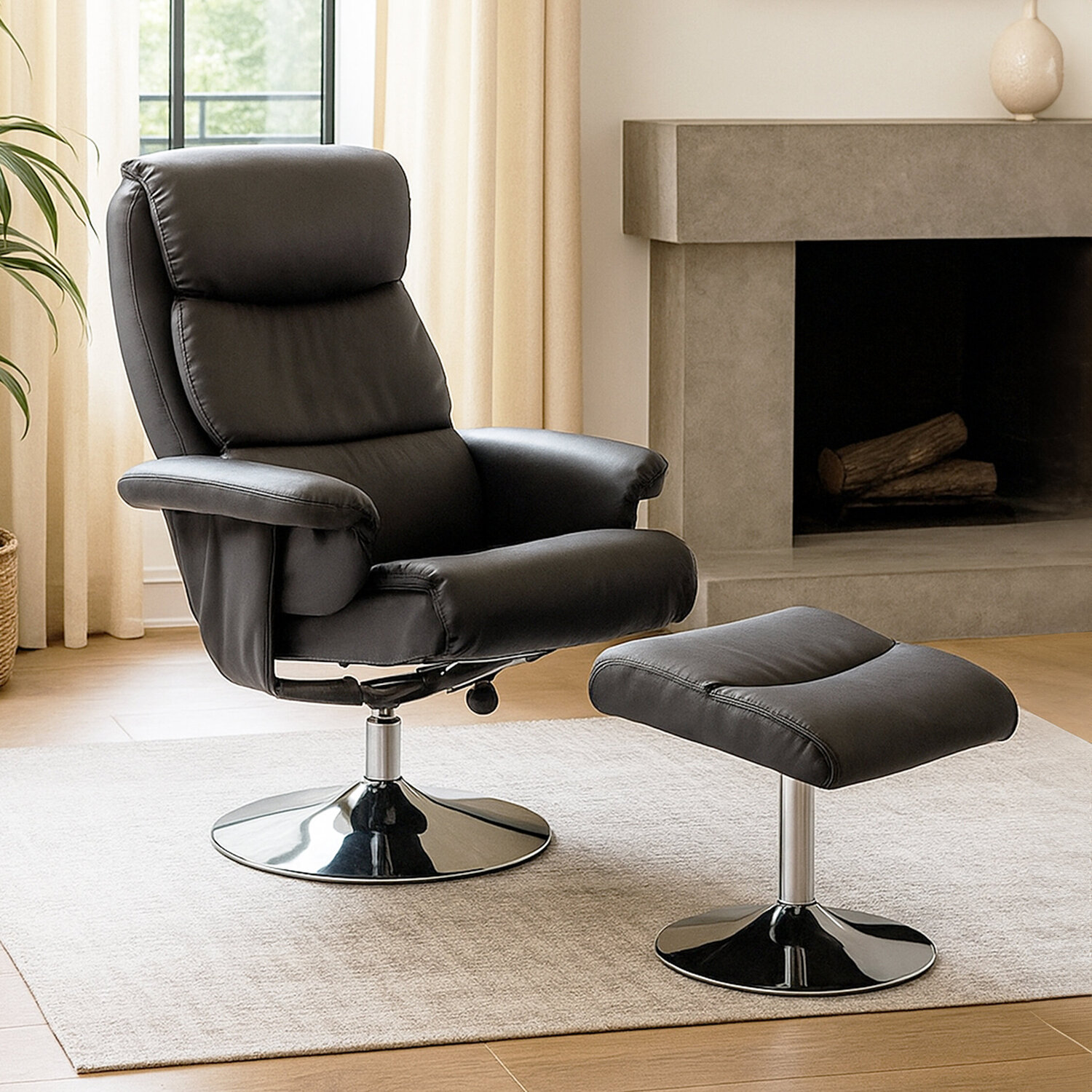 Denton Grey Leather Effect Reclining Chair with Footstool - Grey