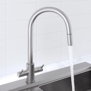 Brushed Nickel Pull Out Kitchen Mixer Tap Twin Lever Solid Brass