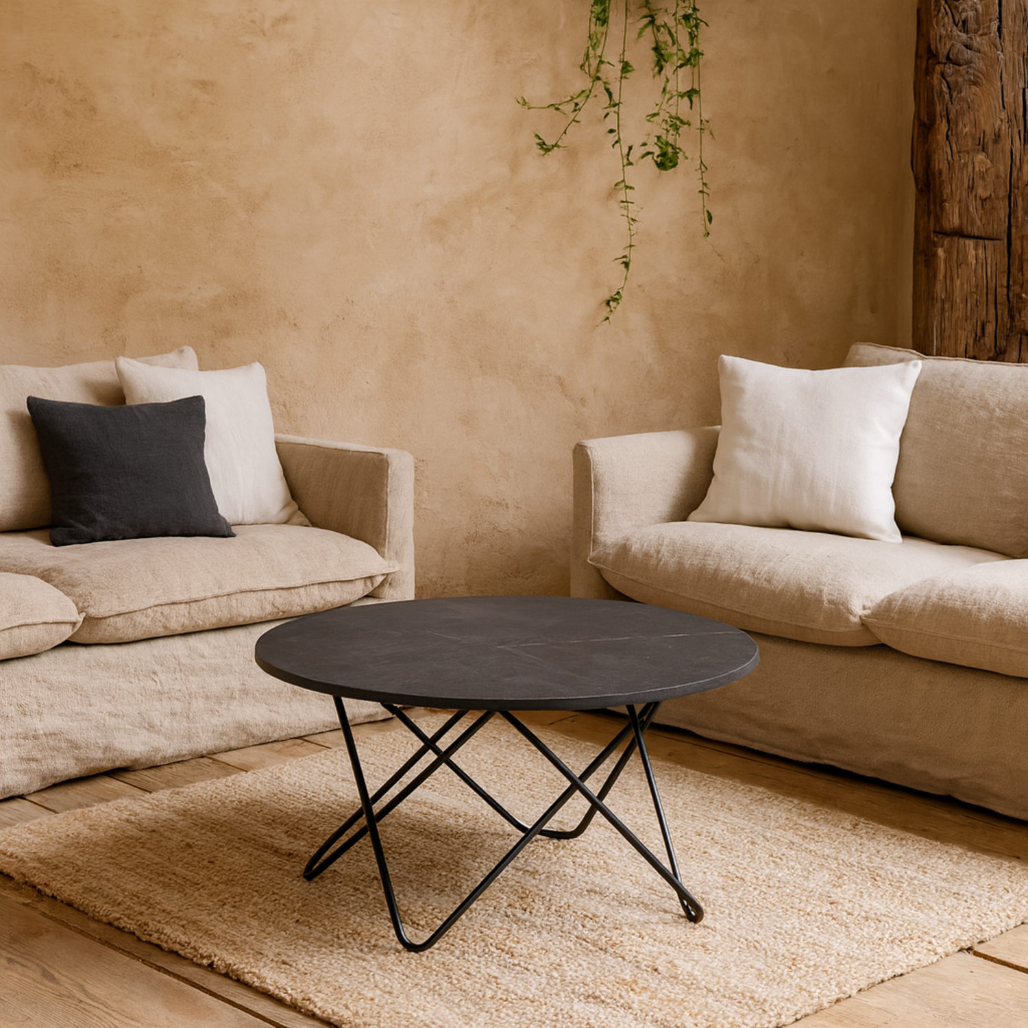 Turin Round Coffee Table Marble Effect Top Geometric Matt Steel Base - Black