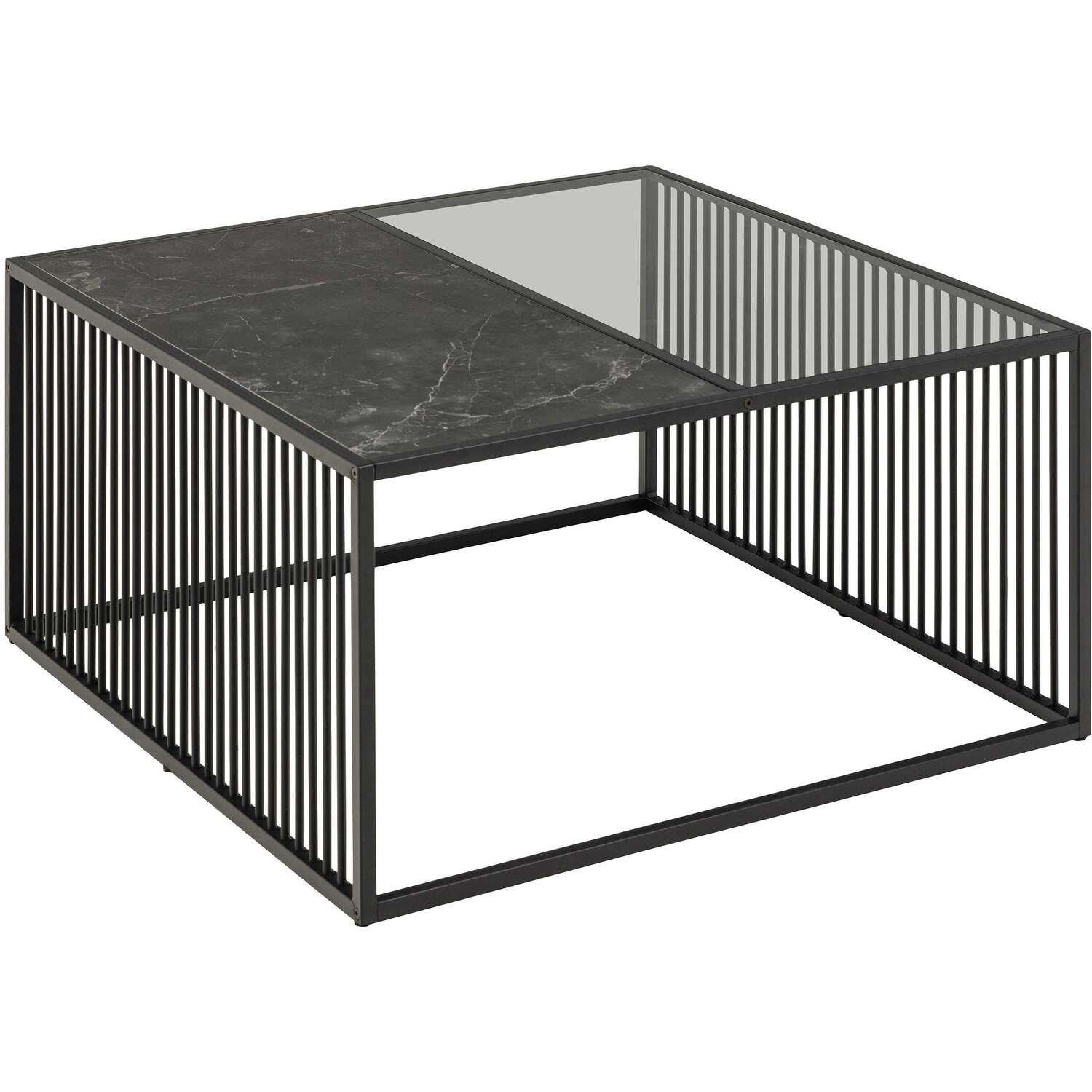 Porto Square Coffee Table Metal Frame Stone Effect Glass Top - Black