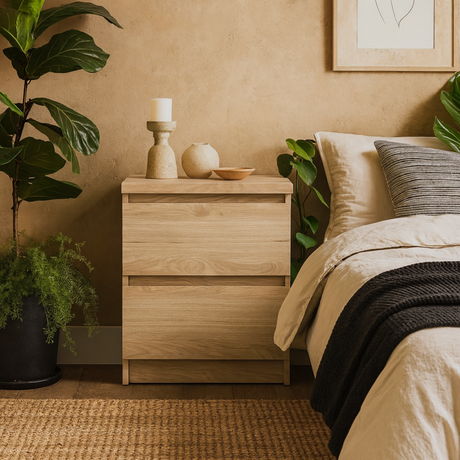Budapest Natural Effect Bedside Table 2 Drawers - Natural