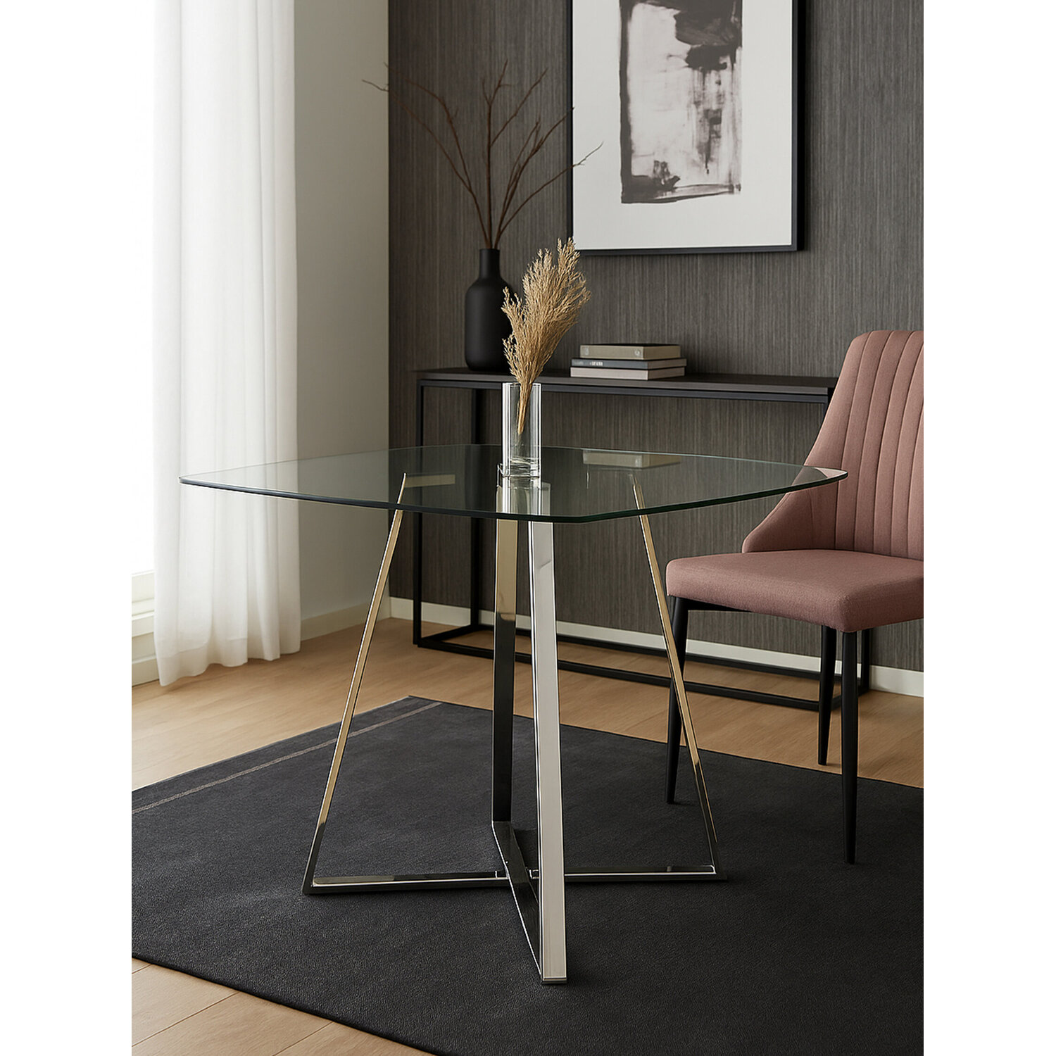 Metropolitan Square Glass Dining Table With Silver Finish Legs - Silver