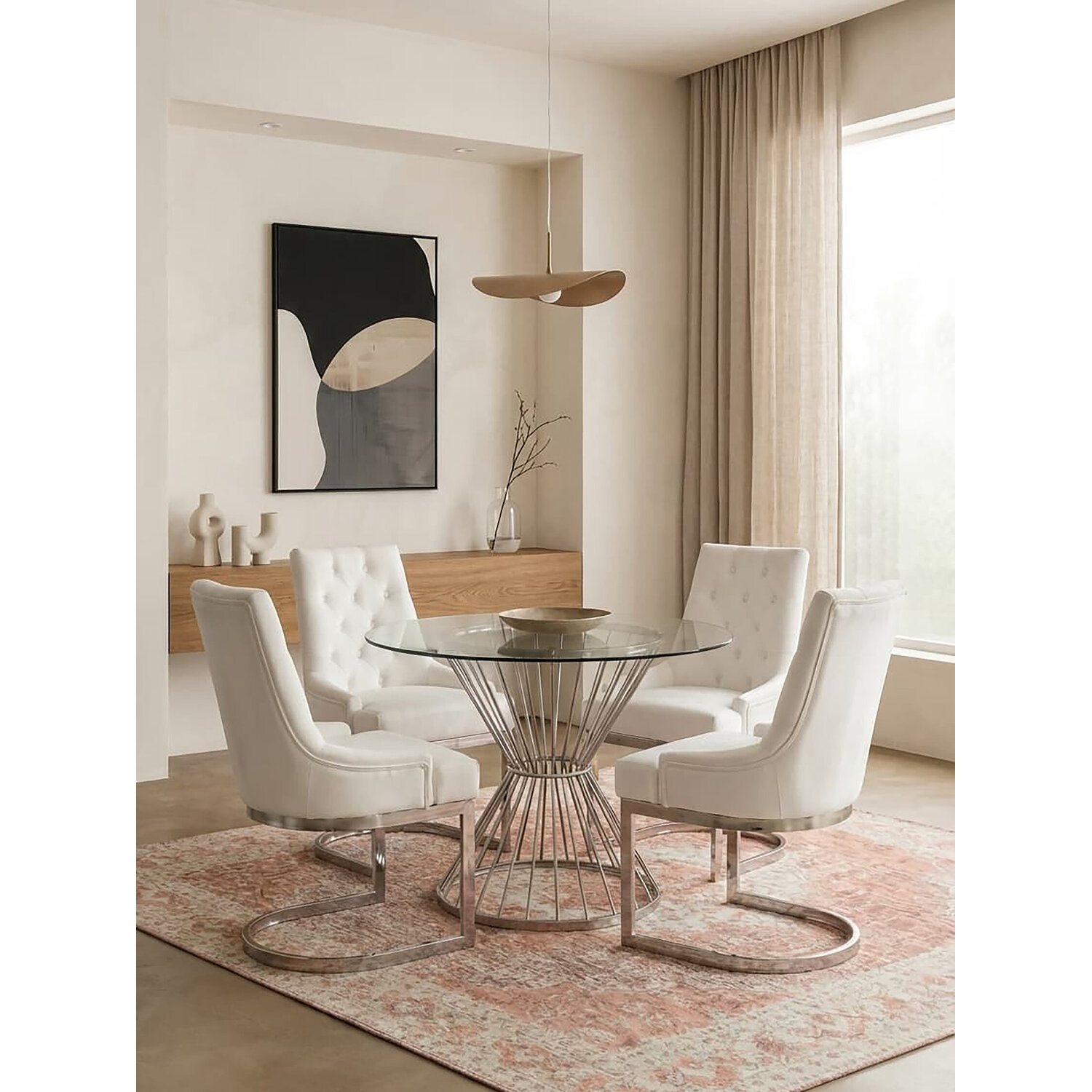 Anzio Hourglass Dining Table With Clear Glass And Silver Base - Silver