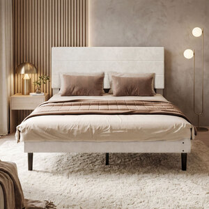 Double Bed Frame with Upholstered Headboard Velvet Foam White Fabric