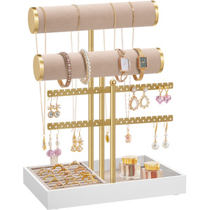 SONGMICS Tan Pale Gold 2-Tier Jewellery Stand Velvet Tray Ring Holder