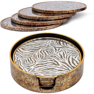 Set of 4 Zebra Print Round Drink Coasters with Holder