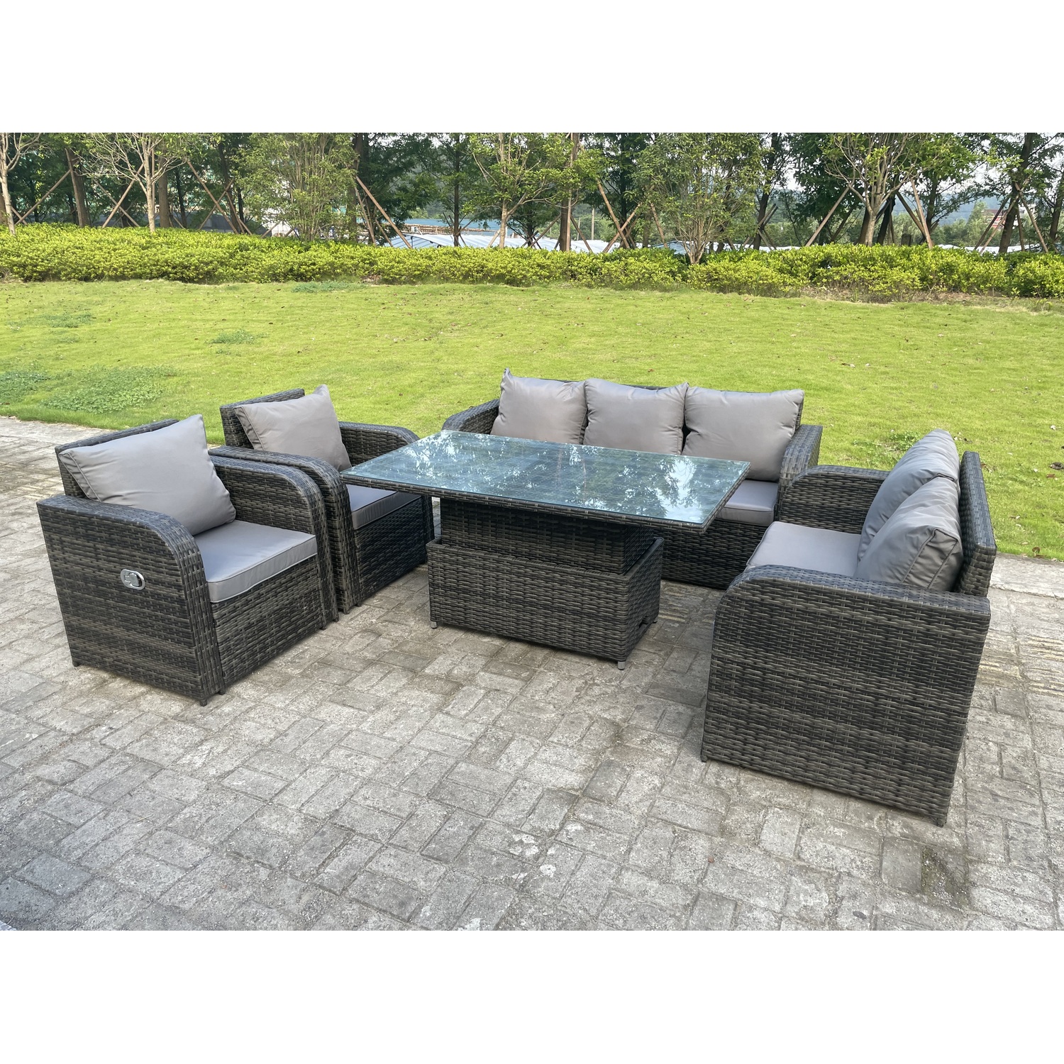 Fimous Rattan 7 Seater Adjustable Dining Set Love Seats Reclining Chairs