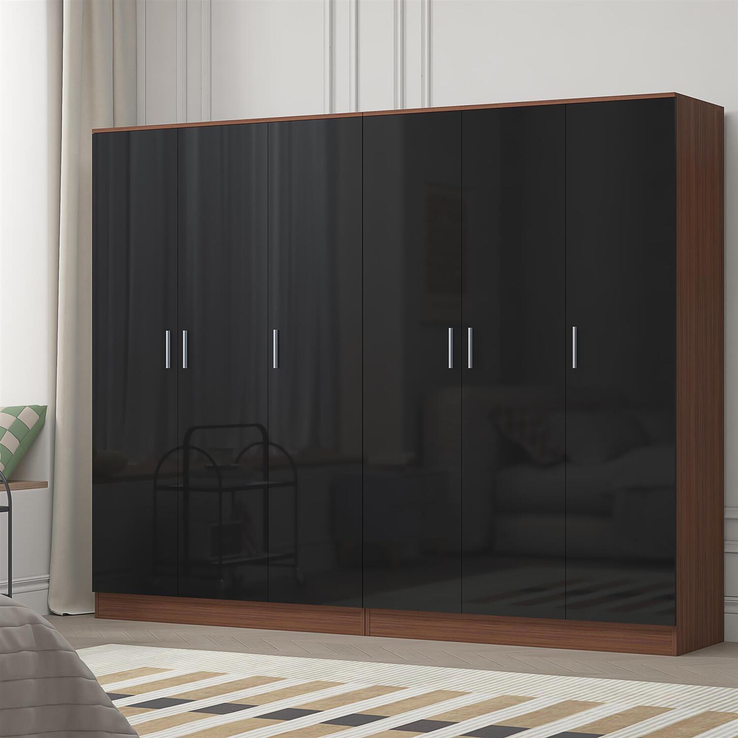 REFLECT Black Gloss Wardrobe Bundle - 3dr Plain + 3dr Plain - Black / Walnut - Image 6