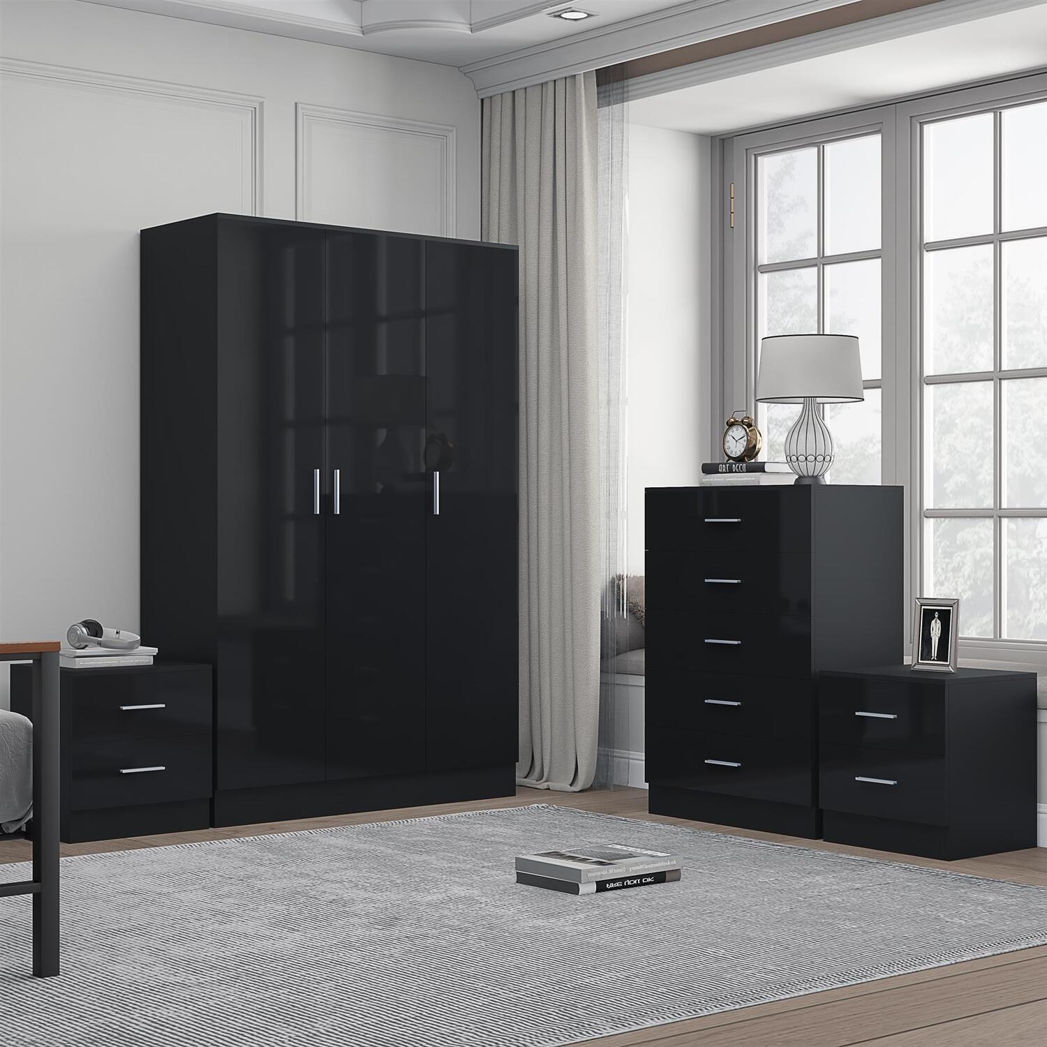 B&Q - 3 Door Plain Wardrobe5 Drawer Chest2X 2 Drawer BedsidesBlack Gloss & Black OakModern Bedroom Furniture Set - Image 6