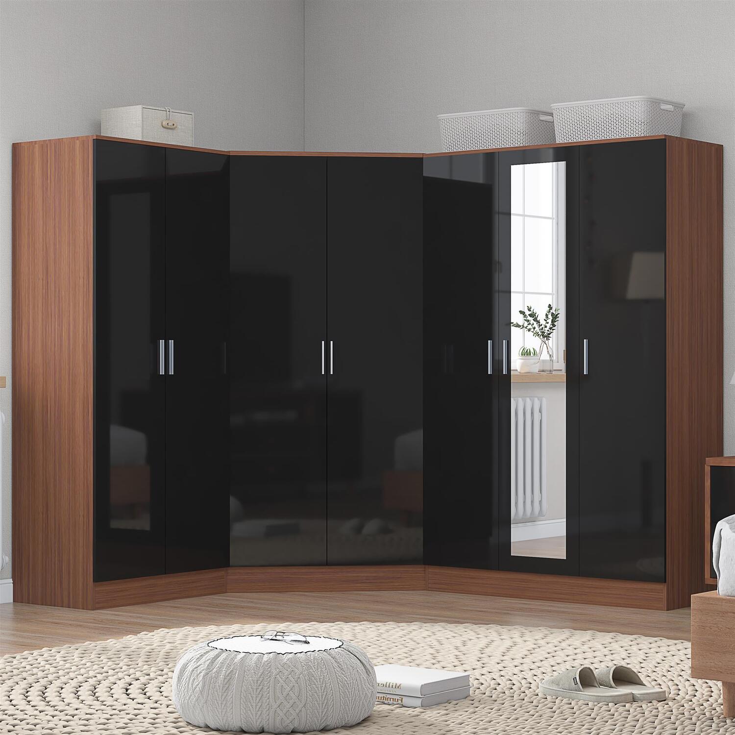 REFLECT 2 Door Corner + 3 Door +  2 Plain Door Wardrobe Bundle - Black/Walnut - Image 6