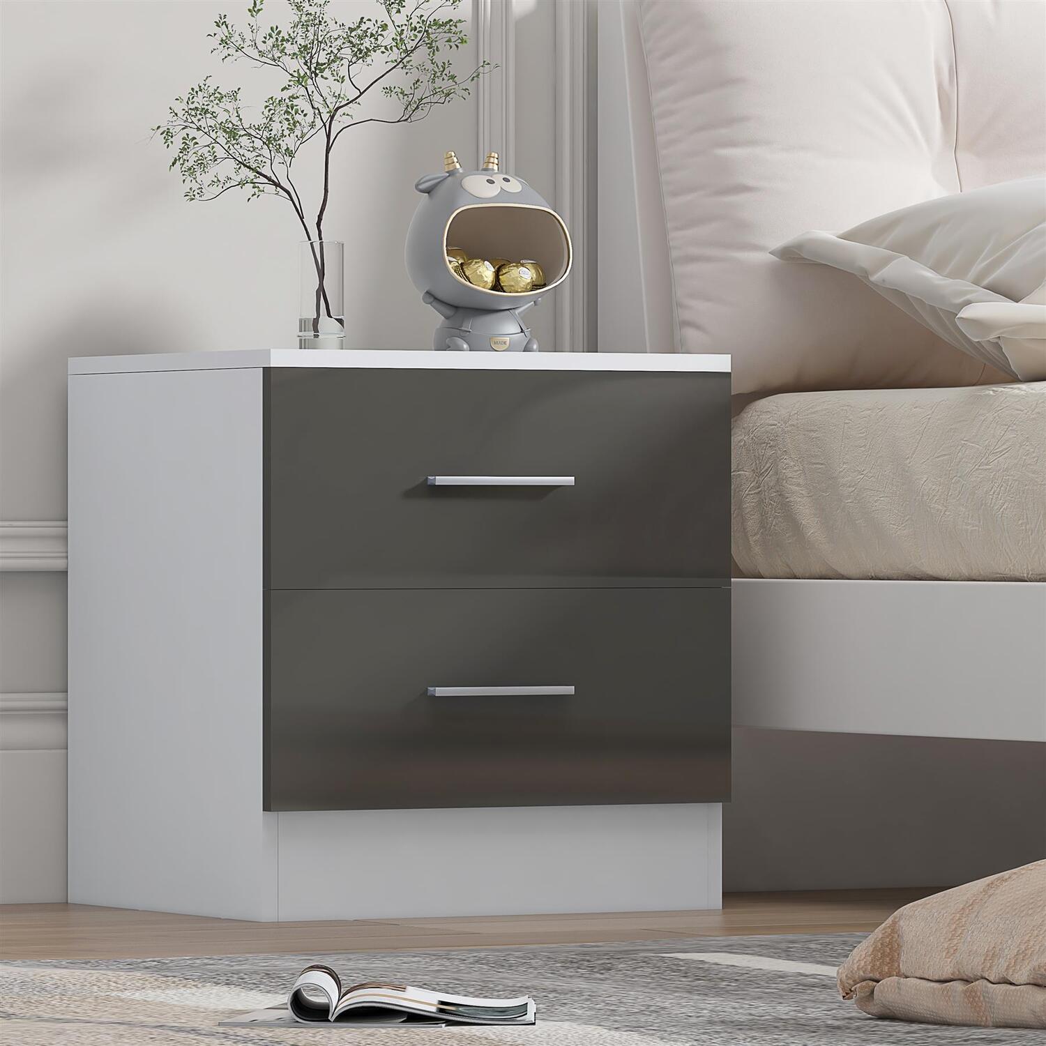 B&Q - 2 Drawer BedsideGrey Gloss & Matt WhiteModern Nightstand For Bedroom StorageH: 48.5Cm X W: 45Cm X D: 39.5Cm - Image 6