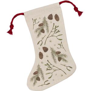 Mistletoe & Pine Stocking - Novelty Xmas Gift - Linen-Style With Red Drawstring Ties
