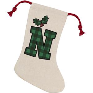 Green Tartan Alphabet Letter N Stocking - Novelty Xmas Gift - Linen-Style With Red Drawstring Ties