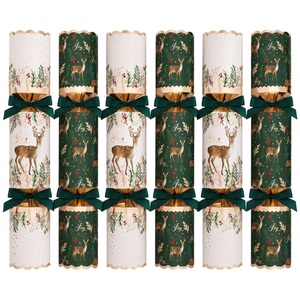 6 Large Deluxe Christmas Crackers Green Deer Joy Design 13.5 Inch
