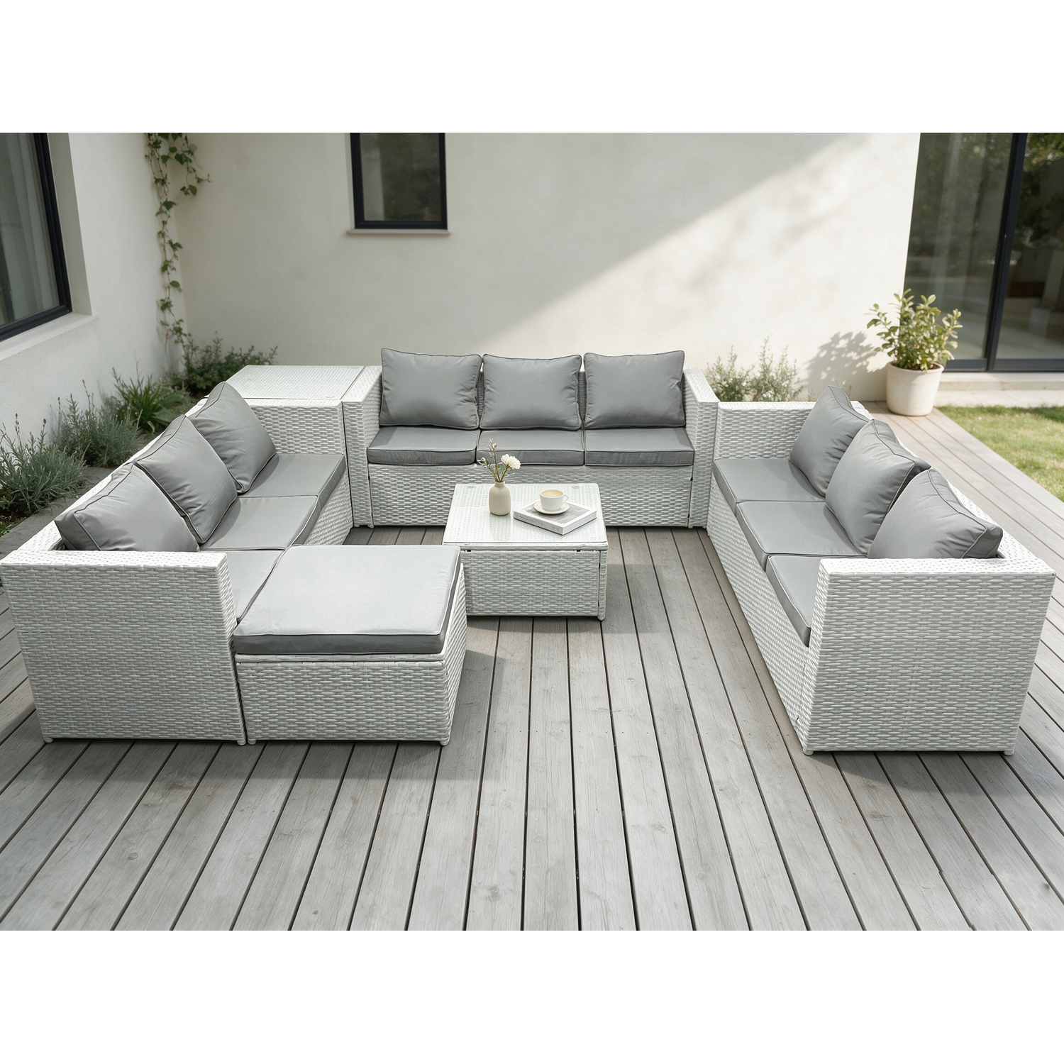Rackhams Light/Grey Lounge Outdoor Pe Rattan Garden Furniture Set Wicker Sofa Set Square Coffee Table Side Table Footstool - Image 2