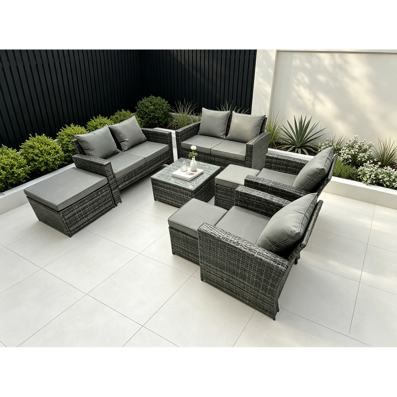 B&Q - 9 Seater Dark Grey Mixed High Back Rattan Sofa Set Coffee Table Garden Furniture Outdoor 3 Stools - Image 2