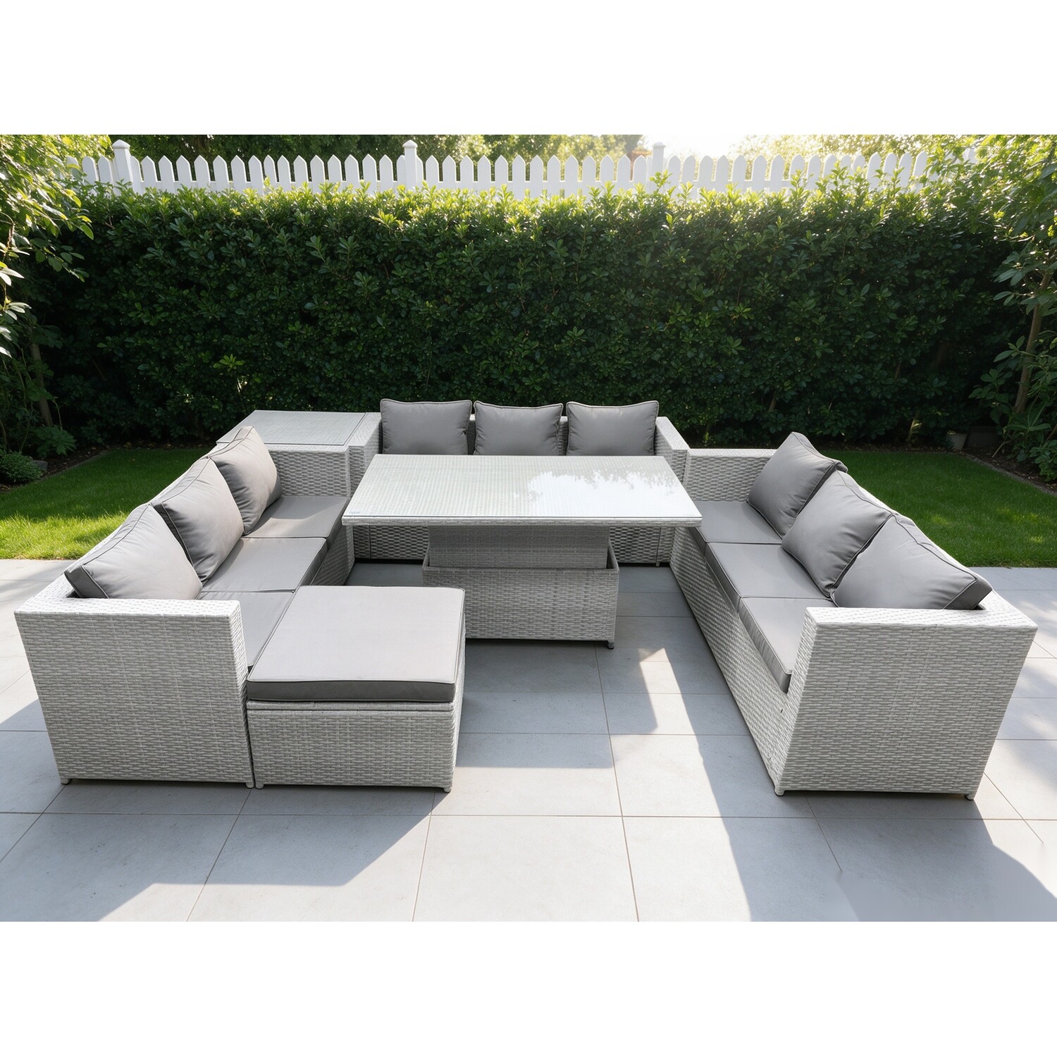 Fimous Lounge Rattan Garden Furniture Set Adjustable Rising Lifting Table Dining Set With Side Coffee Tea Table Footstool - Image 2