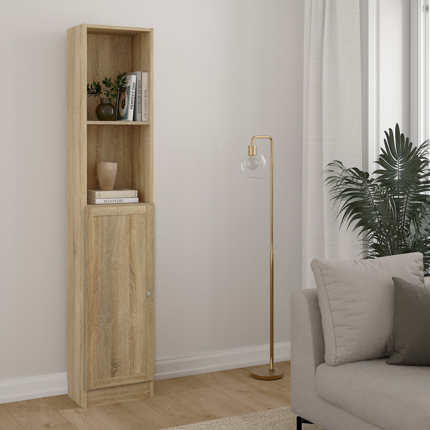 Furniture To Go Basic Tall Narrow Combination Storage Bookcase (4 Shelves) With Door - Oak / Oak