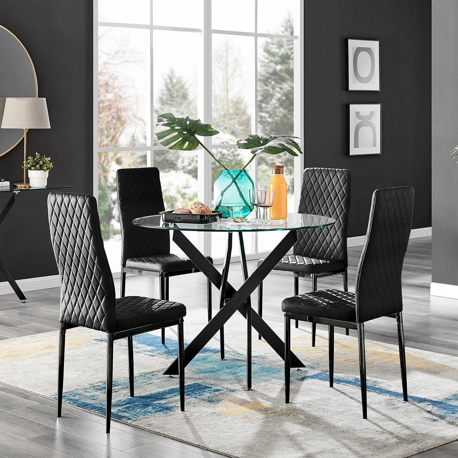 Furnitureboxuk Novara Black Leg Round Glass Dining Table 4 Milan Black Leg Chairs - Black