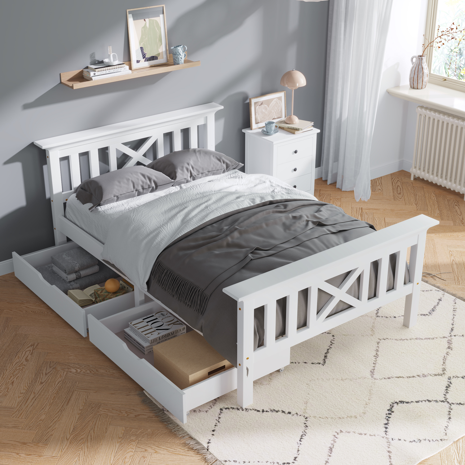 Aka Solid Pine Storage Bed With Drawers - White