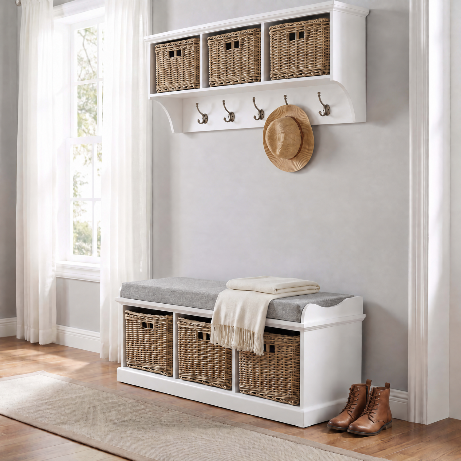 Statement Furniture Tetbury Hallway Storage Bench And Hanging Shelf Set With Coat Rack - White