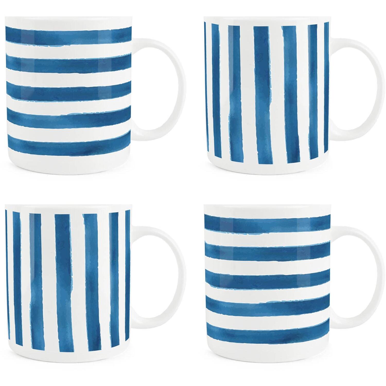 Bone China Mixed Striped Mugs - Blue & White Drinks Cups Gift Set of 4 - Image 2