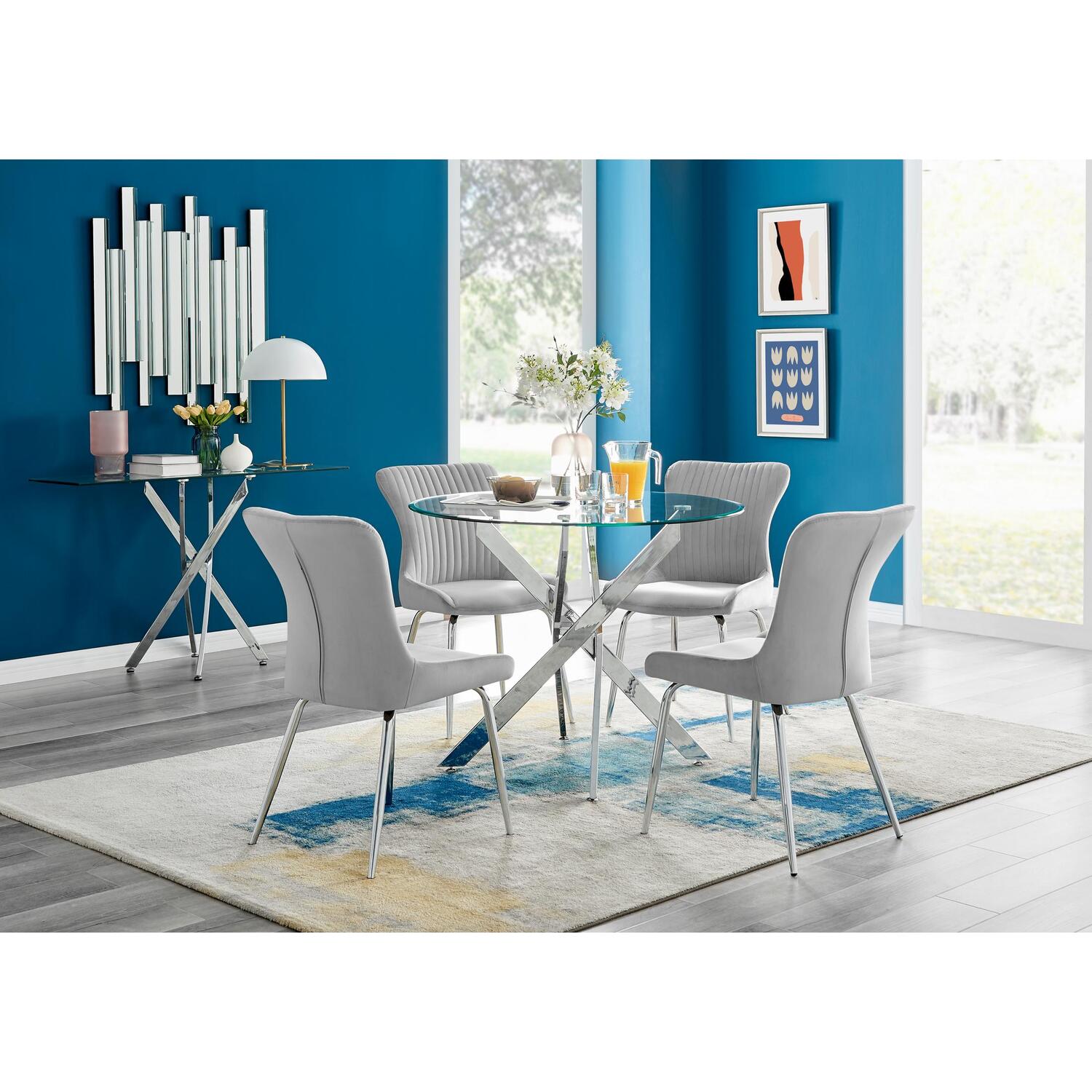 Furniturebox Uk Novara 100Cm Round Dining Table And 4 Nora Silver Leg Chairs - Grey
