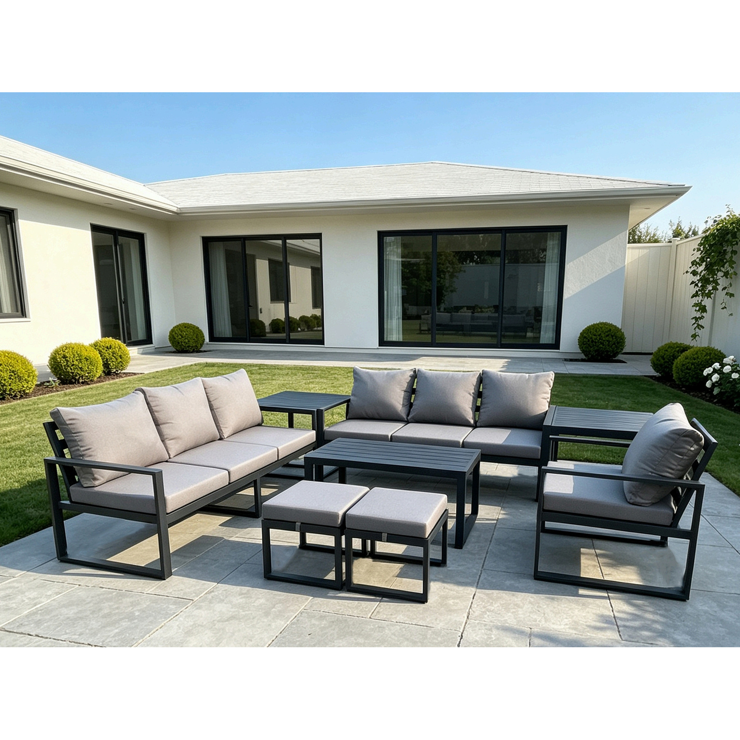 Fimous Unisex Dark Grey Aluminium 9 Seater Garden Furniture Outdoor Patio Sofa Set With Rectangular Coffee Table Armchair 2 Footstool 2 Side Tables In Small - Image 2