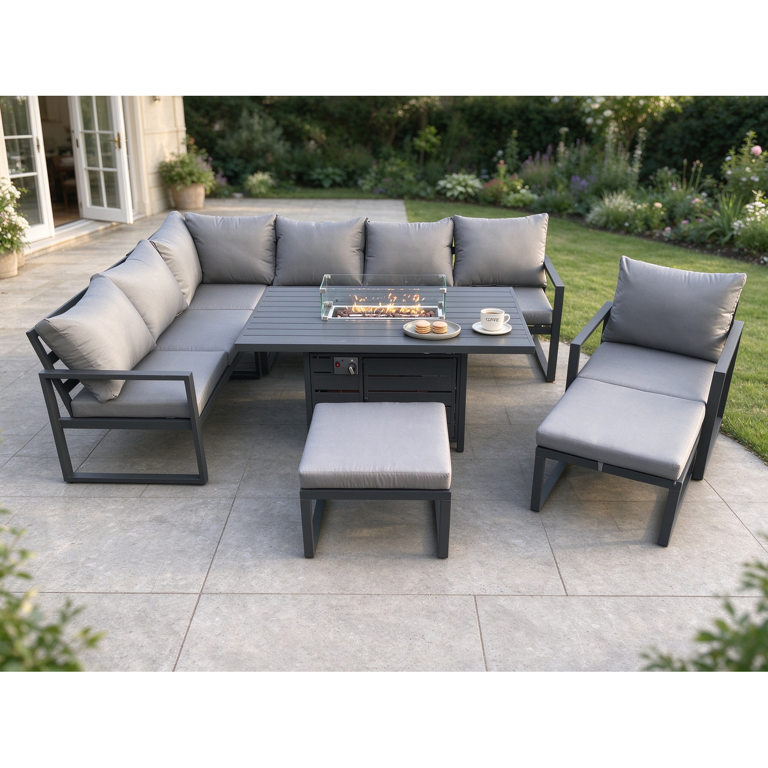Fimous Unisex Dark Grey Aluminium Patio Outdoor Garden Furniture Corner Sofa Set Gas Fire Pit Dining Table With Chair Big Footstools Size 2 - Image 2