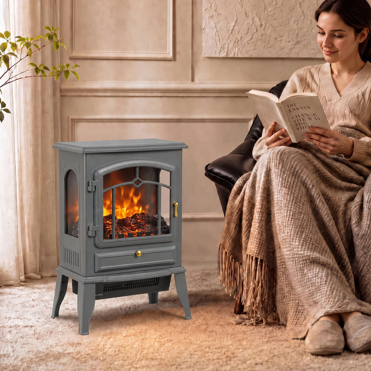 Homcom Grey Electric Fireplace Stove With Realisric Log Flame Effect, - Image 5