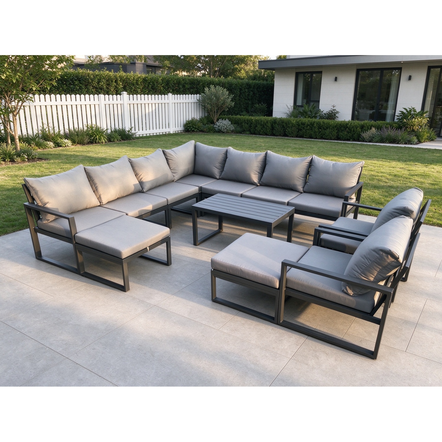 Fimous Aluminium Outdoor Garden Furniture Set Lounge Corner Sofa 2 Pcs Chair Oblong Coffee Table Sets With 2 Big Footstools Dark Grey - Image 3