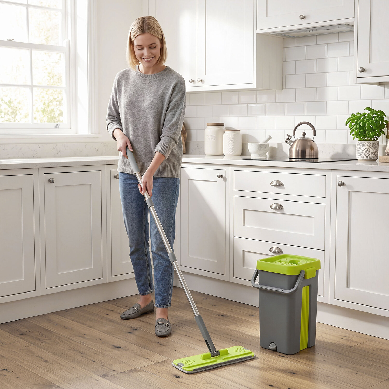 Rackhams Dark/Grey Mop And Bucket Set With 2 Chambers, 5 Microfiber Pads, - Image 3
