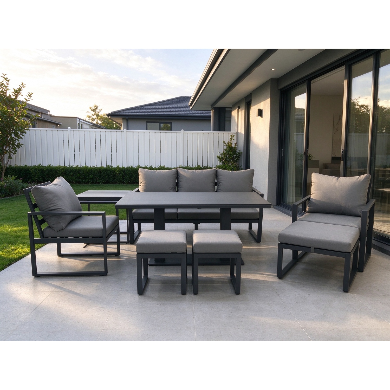 Fimous 8 Seater Aluminium Outdoor Garden Furniture Set With Adjustable Rising Lifting Dining Table 3 Seater Sofa 2 Chair 3 Footstool Side Table - Image 3