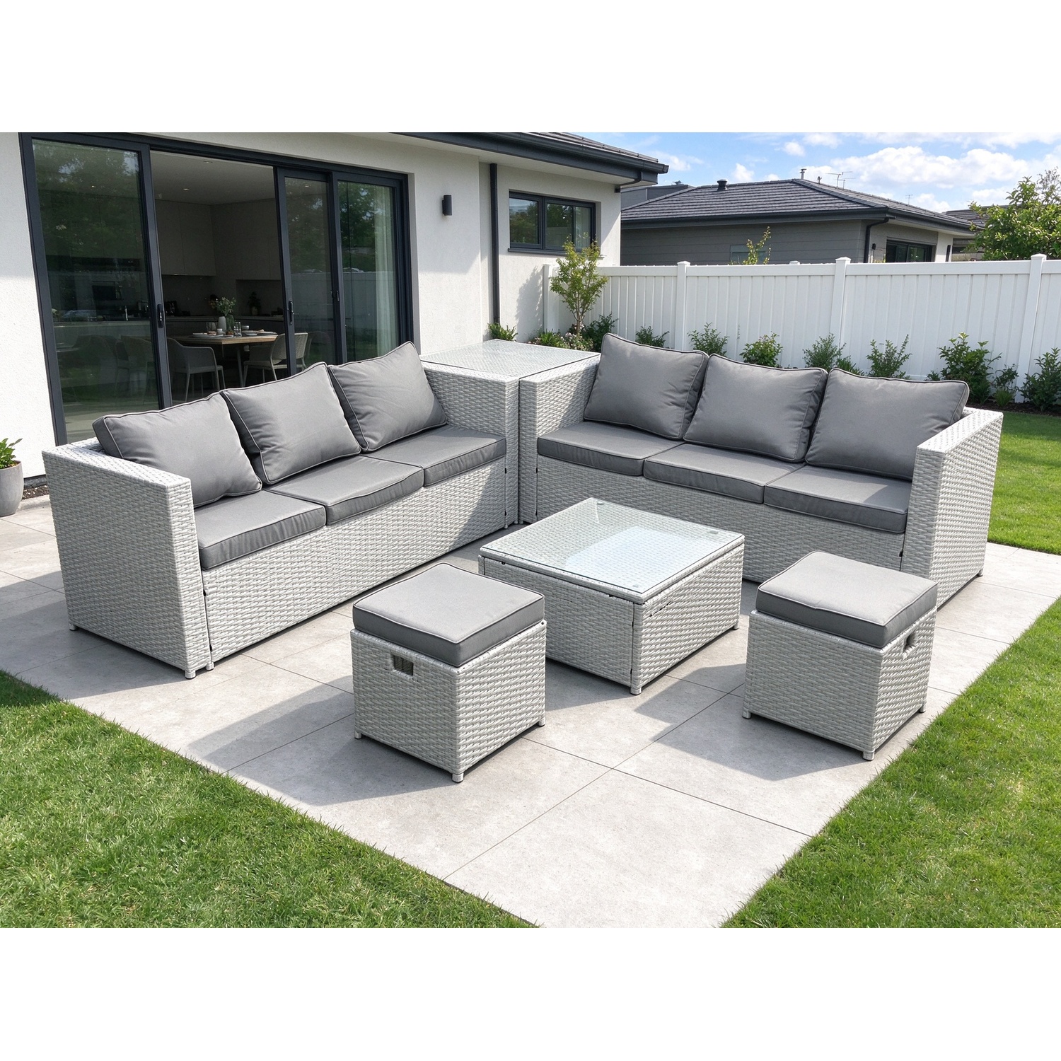 Fimous Light/Grey Rattan Garden Outdoor Furniture Set 8 Seater Rattan Garden Sofa Set With 2 Small Footstool Side Table Mixed - Image 2