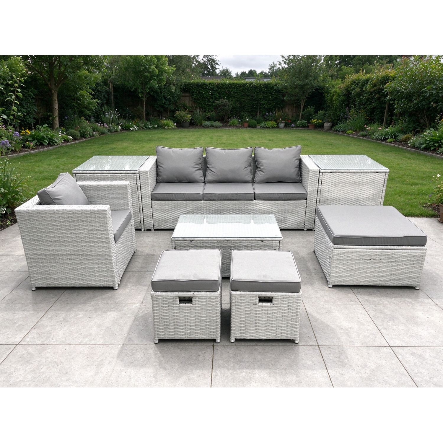 Fimous 8 Pieces Rattan Garden Furniture Set Outdoor Garden Sofa Chair Coffee Table Set With 2 Side Tables 3 Footstools Light Grey Mixed - Image 3