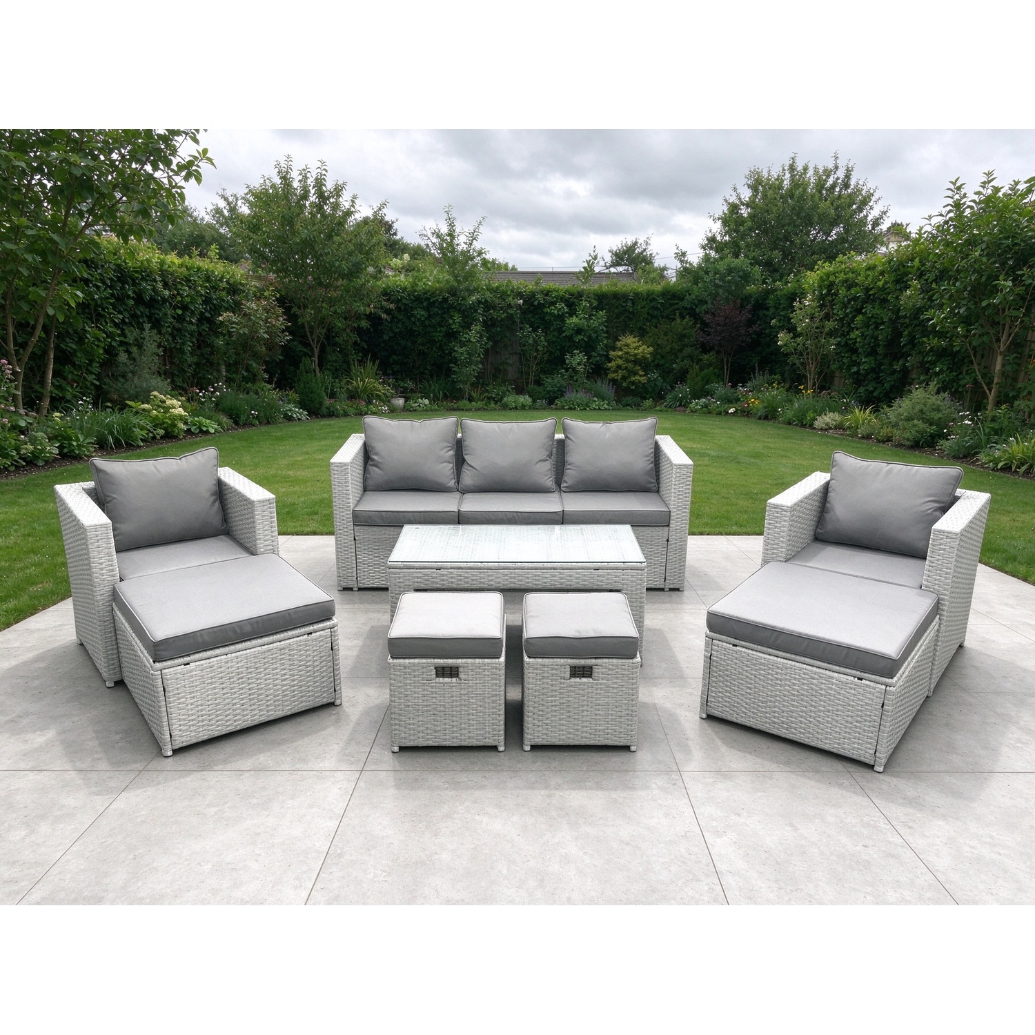 Rackhams Light/Grey Rattan Garden Furniture Set Outdoor Lounger Sofa With Coffee Table 4 Footstools Mixed 9 Seater - Image 2