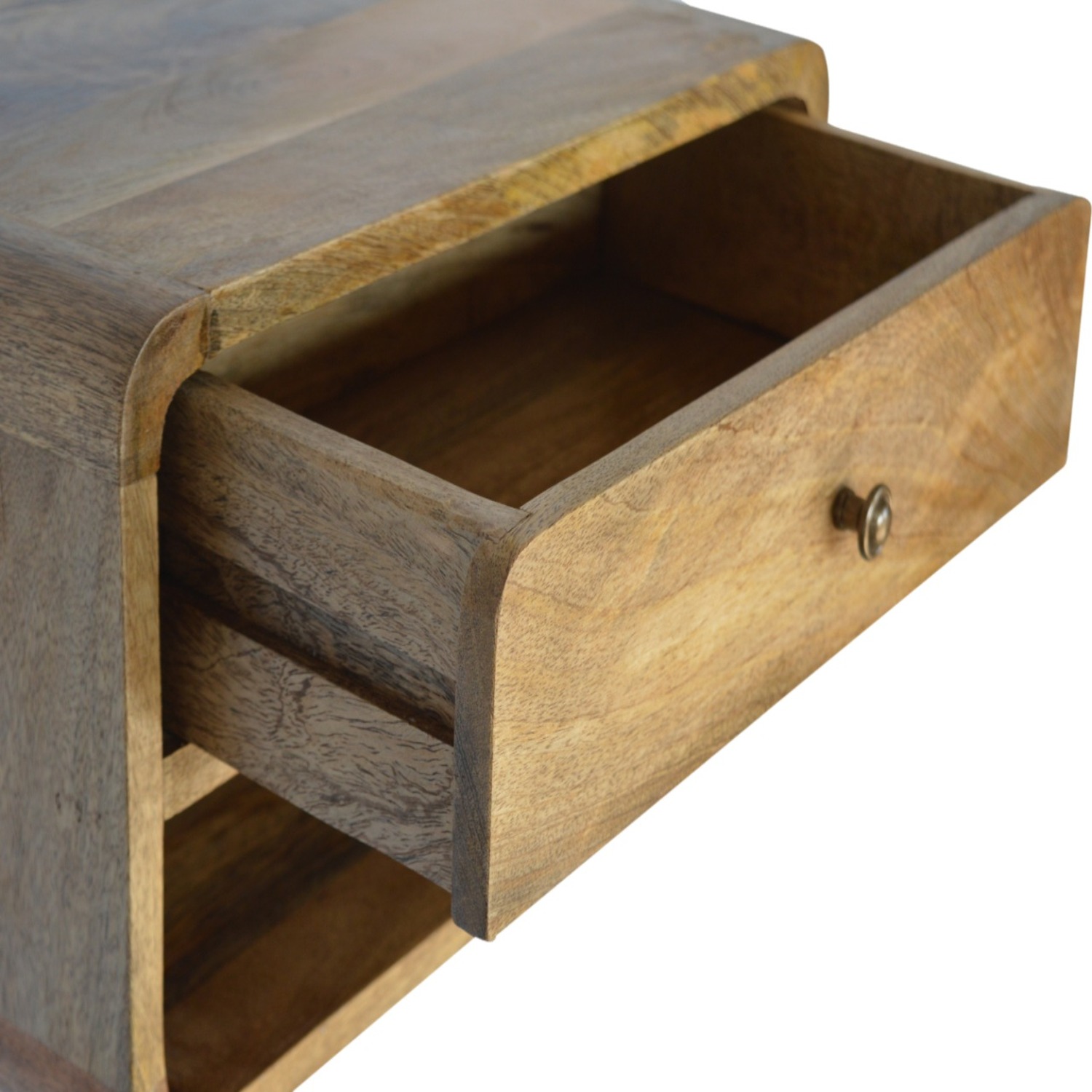 1 Drawer Curved Oak-ish Wall Mounted Bedside Table With Open Slot - Brown