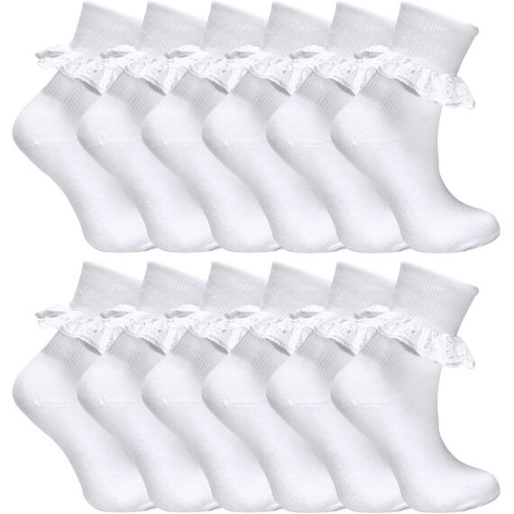 12 Pair White Frilly Lace Cute Cotton Rich School Socks