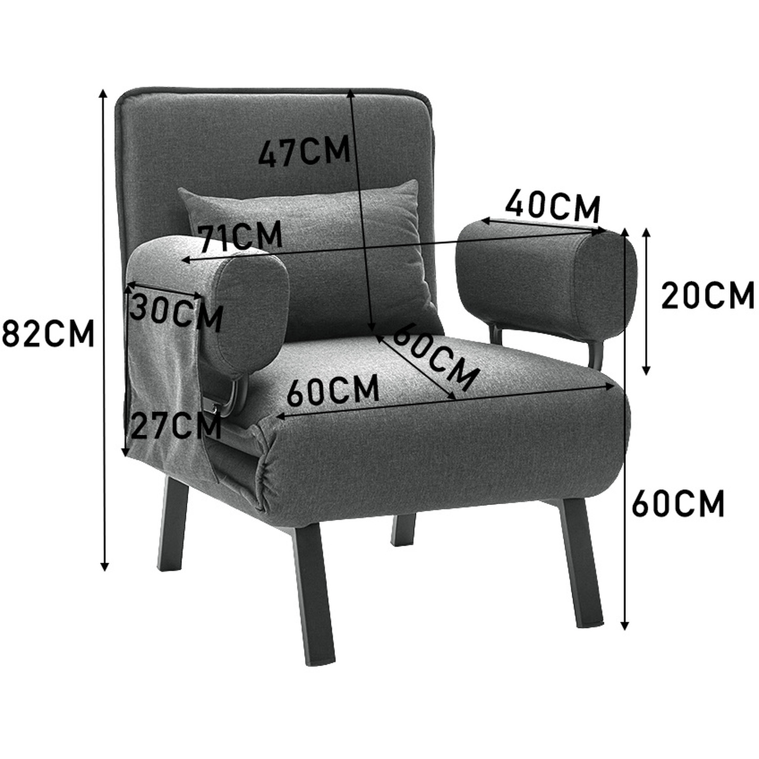 Fabric Folding Single Sofa Bed With Pillow Pocket - Grey