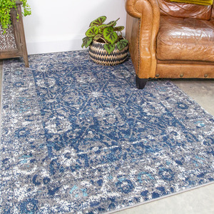Navy Blue Grey Distressed Floral Medallion Bordered Living Area Rug