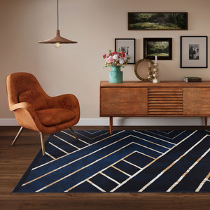 Navy Blue Gold Art Deco Living Room Rug