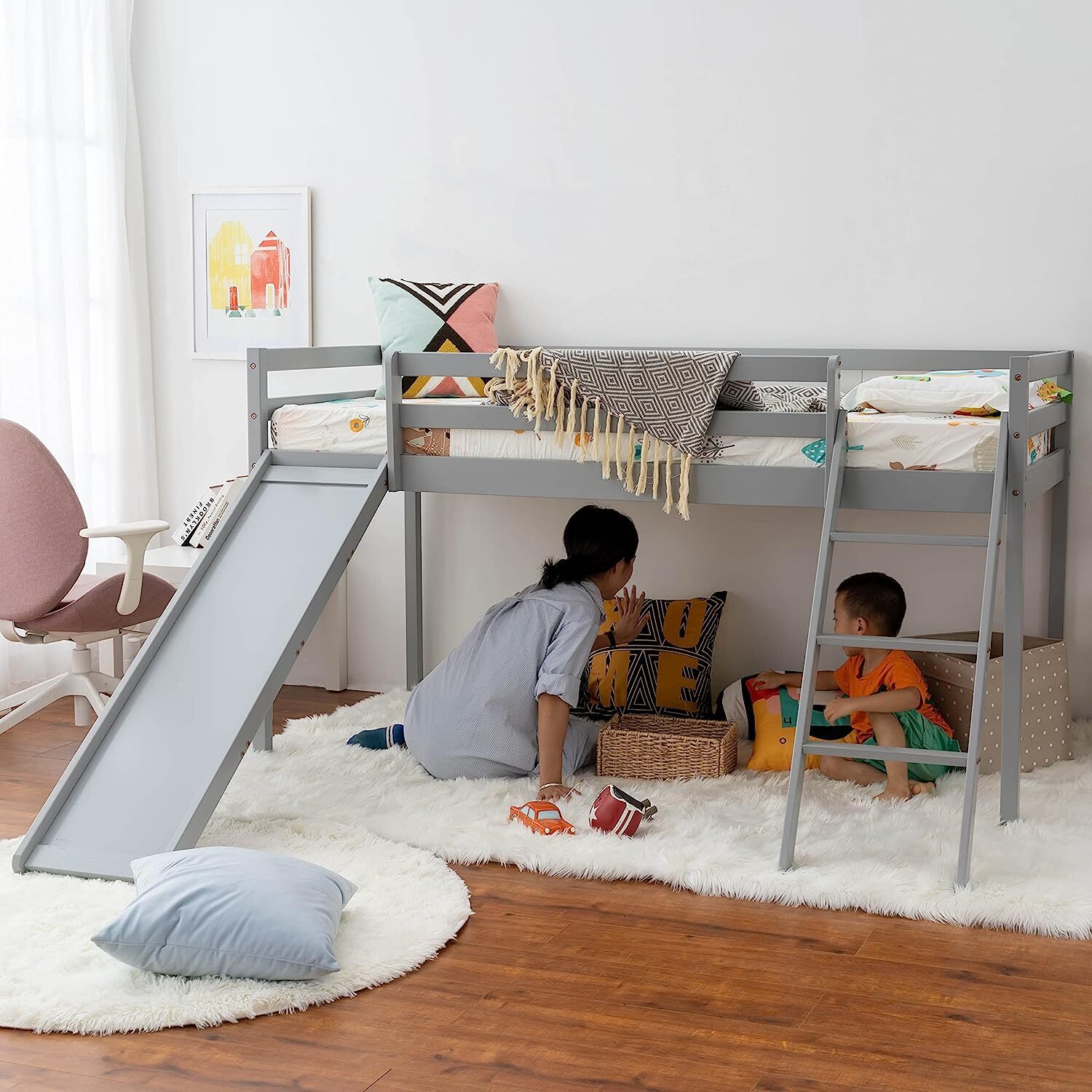 Kids Pine Mid-sleeper Bed With Slide - Grey