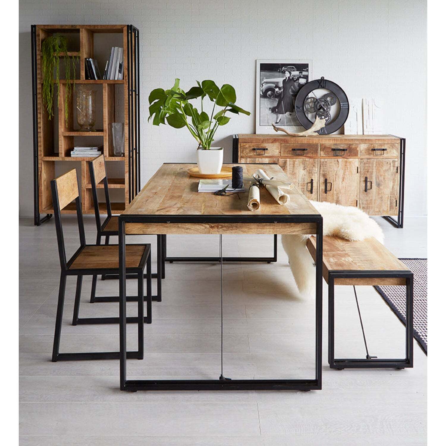 Upcycled Industrial Vintage Mintis Dining Table Set With 6 Chairs - Light Wood