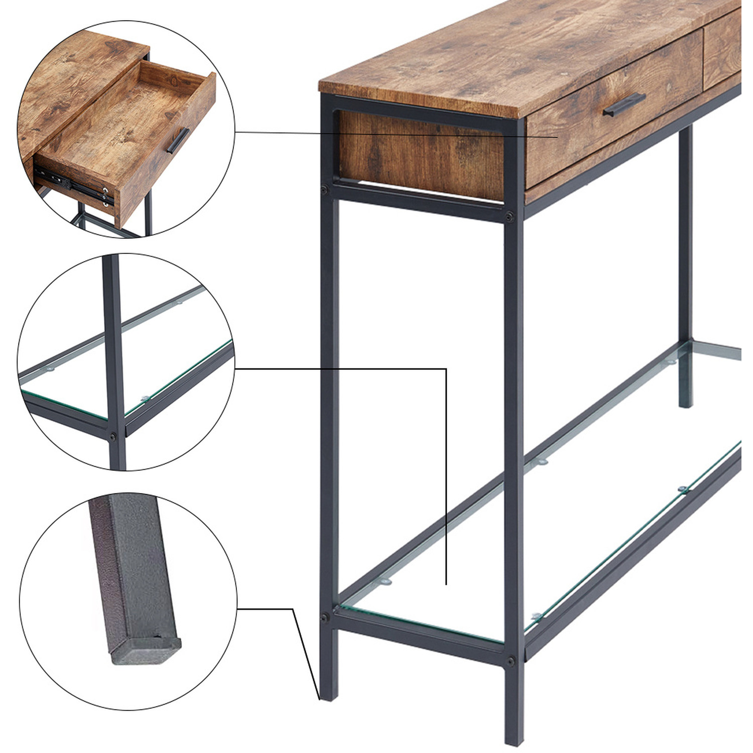 2 Tier Console Side End Table With 2 Slide Drawer Glass Shelf