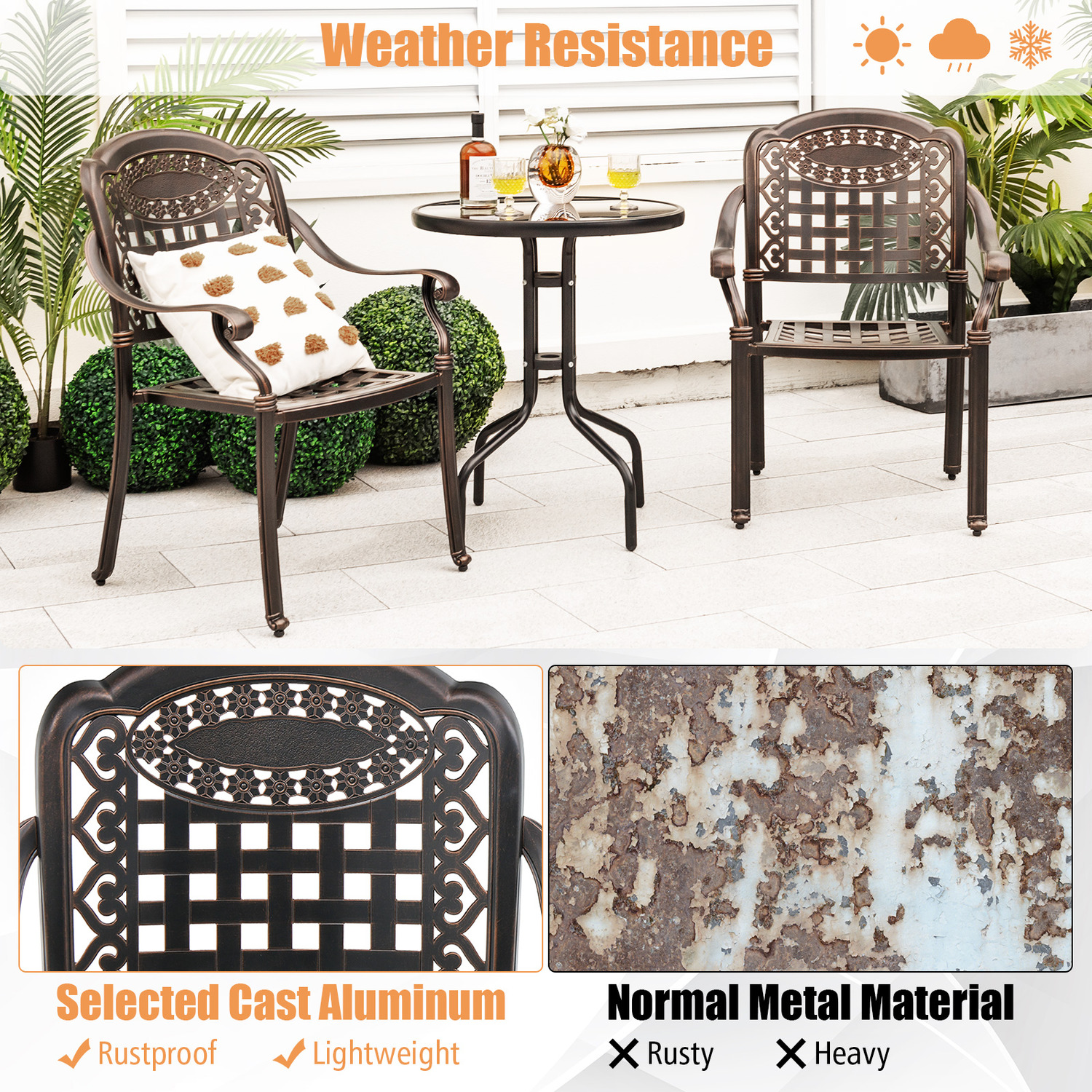 2 Pack Cast Aluminum Patio Garden Chairs - Bronze