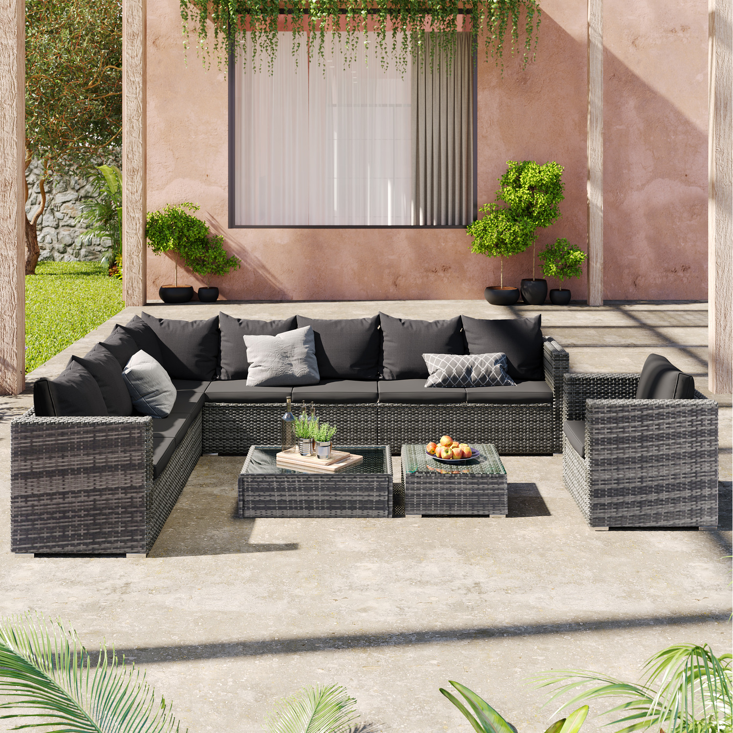 9 Seater Large Rattan Outdoor Garden Corner Sofa Set Patio Dining Set - Grey