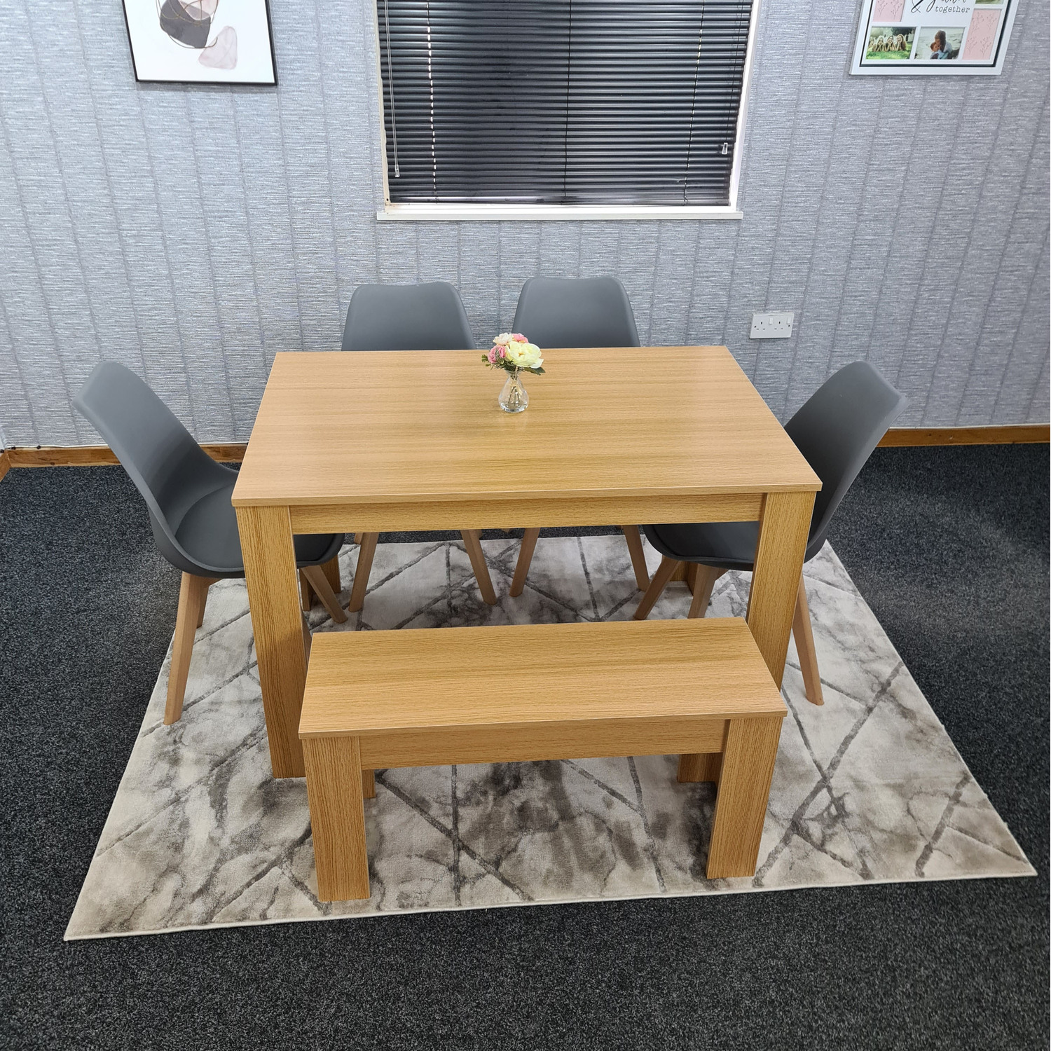 Dining Table And 4 Chairs With Oak Effect Bench Dining Kitchen Set - Grey